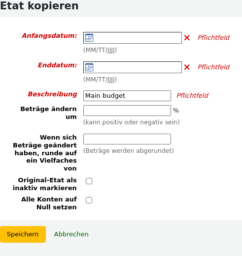 Formular zum Duplizieren eines Etats