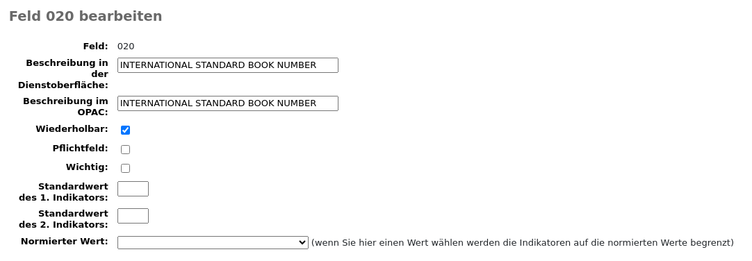 Formular zum Bearbeiten eines MARC-Felds