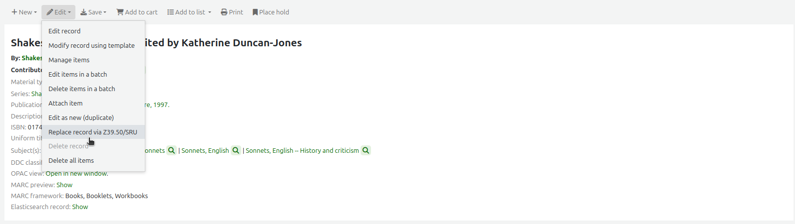 The Edit menu in a bibliographic record, the mouse cursor is on the 'Replace record via Z39.50/SRU' option