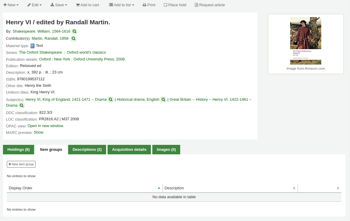 Ein bibliografischer Datensatz in der Dienstoberfläche, der Reiter „Exemplargruppen“ ist ausgewählt; derzeit gibt es keine Exemplargruppen, es gibt nur eine Schaltfläche „Neue Exemplargruppe“ und eine leere Tabelle