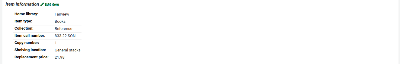 Bereich der Exemplarinformationen auf der Seite mit den Exemplardetails, der die Heimatbibliothek des Exemplars, den Exemplartyp, die Sammlung, die Signatur, die Exemplarnummer, den Standort und den Wiederbeschaffungspreis anzeigt.
