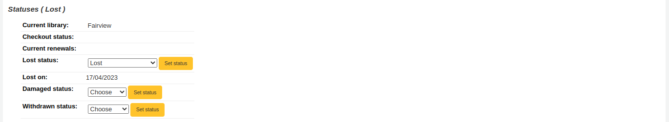 Bereich „Status“ auf der Seite mit den Exemplardetails, der den aktuellen Status (verloren), die aktuelle Bibliothek, den Ausleihstatus, die aktuellen Verlängerungen, den Verlust-Status und das Verlustdatum, den Beschädigt-Status und den Ausgeschieden-Status anzeigt
