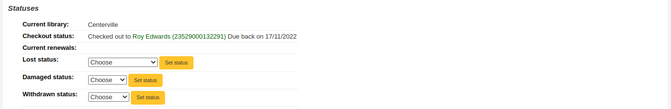 Bereich „Status“ auf der Seite mit den Exemplardetails, der die aktuelle Bibliothek, den Ausleihstatus, die aktuellen Verlängerungen, den Verlust-Status, den Beschädigt-Status und den Ausgeschieden-Status anzeigt