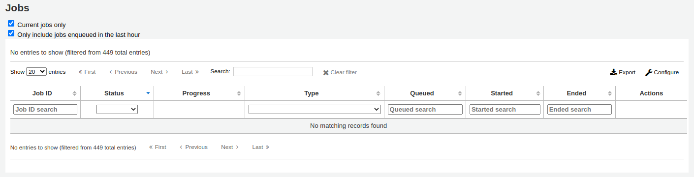Standardansicht der Seite zur Verwaltung von Jobs, Checkboxen am oberen Ende sind angehakt, um nur aktuelle und kürzliche Jobs anzuzeigen, und die Tabelle ist leer
