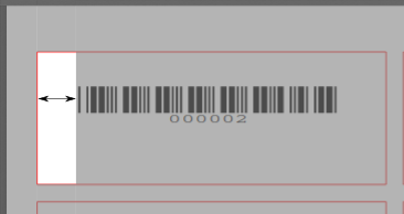 Das Bild zeigt ein Barcode-Etikett, ein Doppelpfeil zeigt den linken Textrand an, der von der linken Seite des Etiketts zur ganz linken Seite des Barcodes zeigt