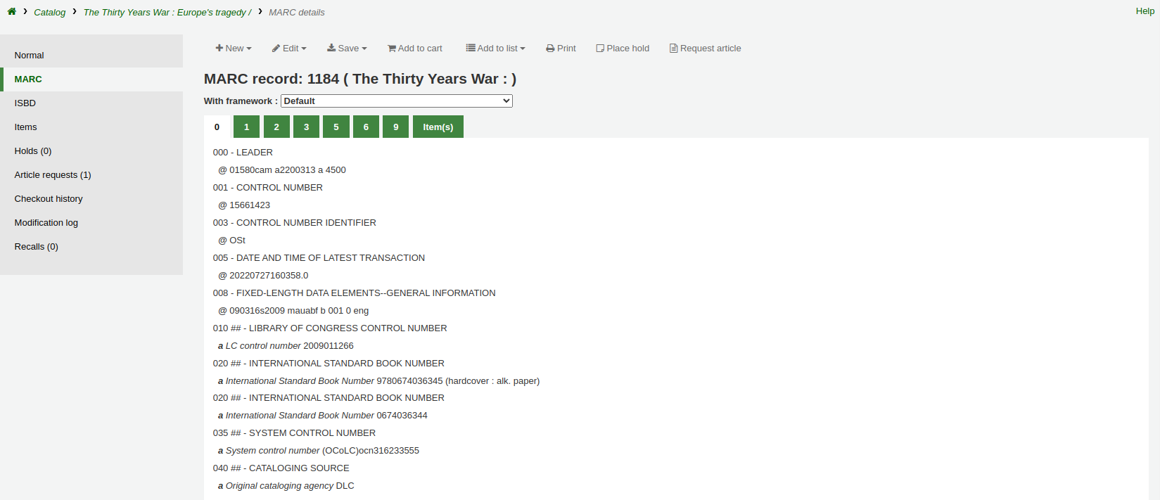 MARC-Details eines Datensatzes in der Dienstoberfläche