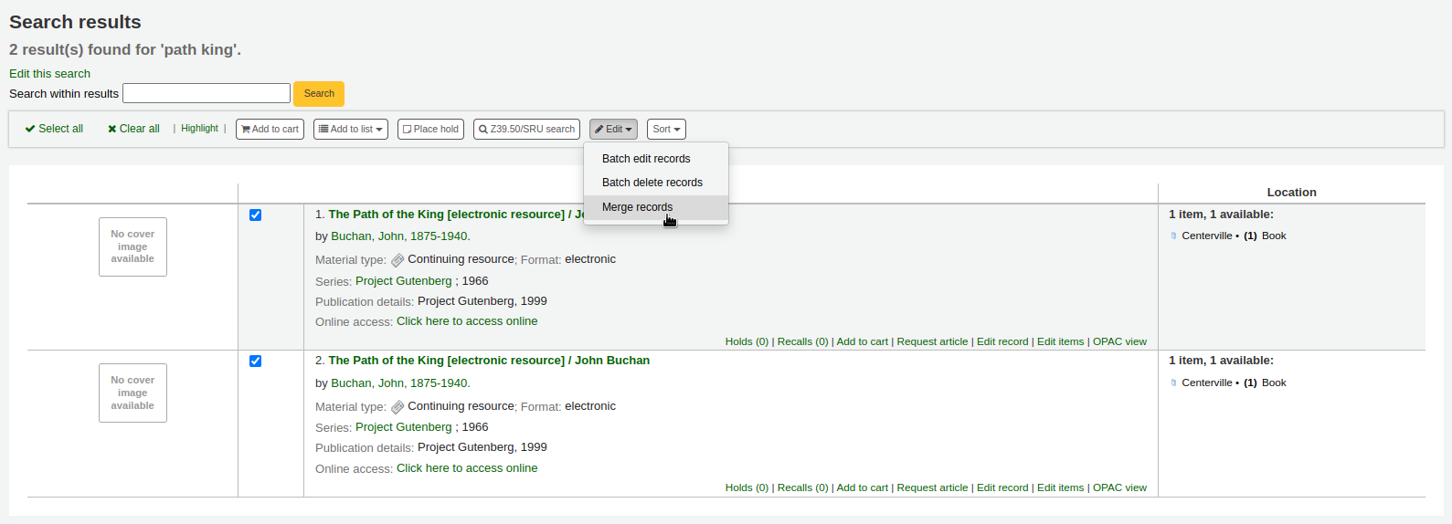 Das Menü "Bearbeiten" in den Suchergebnissen ist geöffnet und der Mauszeiger befindet sich auf der Option "Datensätze zusammenführen"