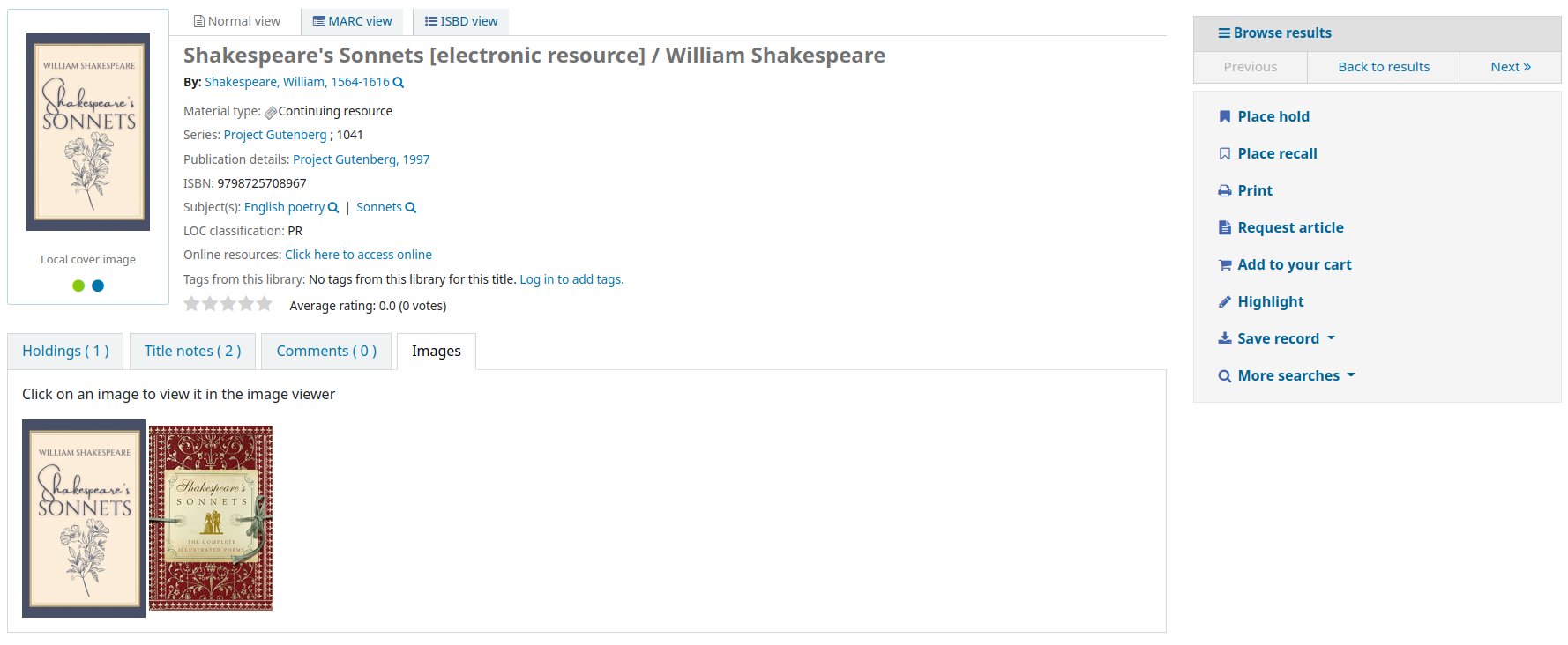 Detaillierter Datensatz im OPAC, der Datensatz hat zwei lokale Titelbilder, die im Reiter „Bild“ angezeigt werden. Die Miniaturansicht neben dem Titel ist das erste Titelbild; darunter befinden sich zwei Punkte, mit denen man von einem Bild zum anderen wechseln kann.