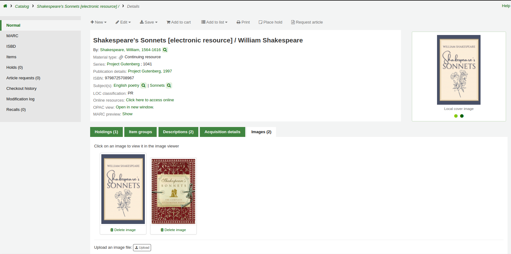 Detaillierter Datensatz in der Dienstoberfläche, der Datensatz hat zwei lokale Coverbilder, die im Reiter „Bild“ angezeigt werden. Die Miniaturansicht neben dem Titel ist das erste Coverbild, darunter befinden sich zwei Punkte, um von einem Bild zum anderen zu wechseln.