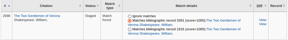 Ein zwischengespeicherter Datensatz mit zwei Übereinstimmungen, jeder hat eine Optionsschaltfläche und einen Link zur Differenzansicht