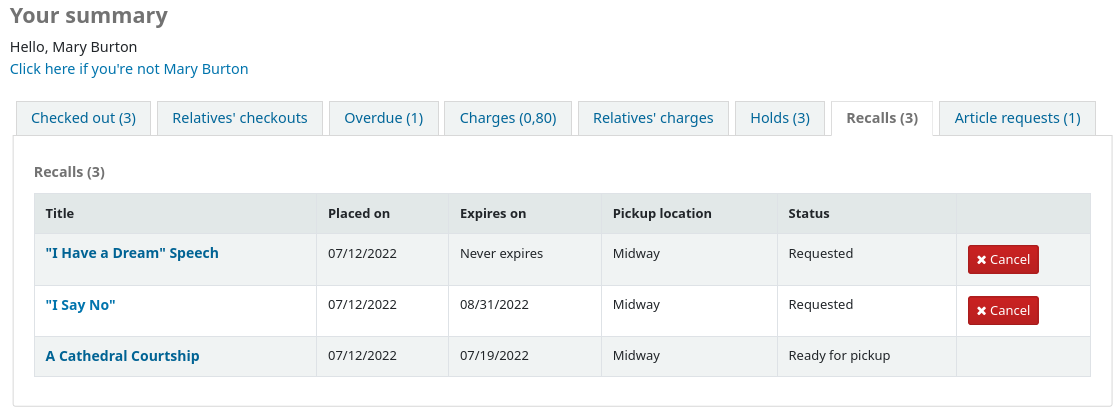 Der Reiter „Rückrufe“ auf der Zusammenfassungs-Seite eines/einer Benutzer*in im OPAC