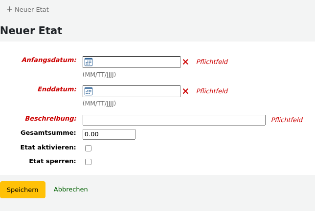 Formular zum Hinzufügen eines neuen Etats