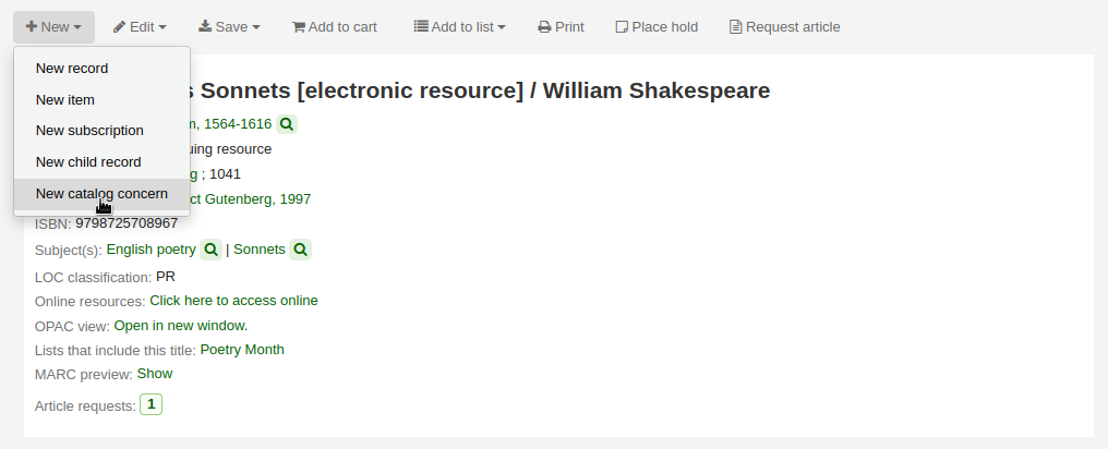 Die Schaltfläche „Neu“ in der Detailansicht eines Datensatzes ist angeklickt und der Mauszeiger befindet sich auf der Option „Neues Katalogproblem“