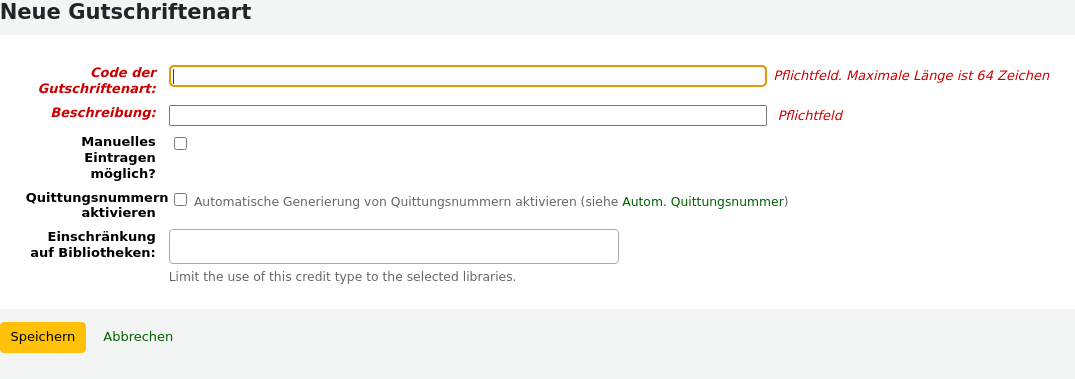 Formular für eine neue Gutschriftenart