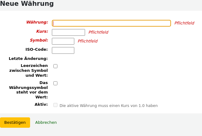 Formular zum Hinzufügen einer neuen Währung