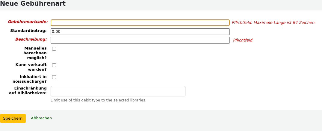 Formular für eine neue Gebührenart