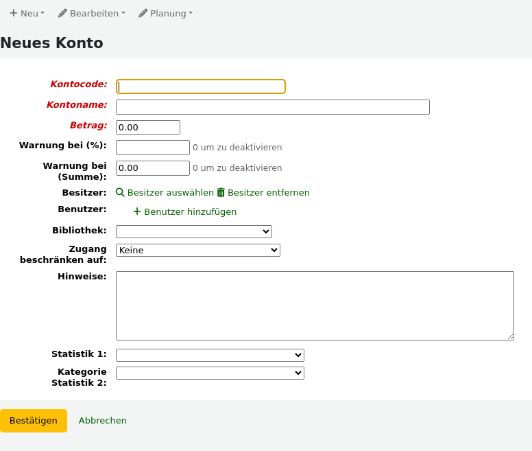 Formular zum Hinzufügen eines neuen Kontos