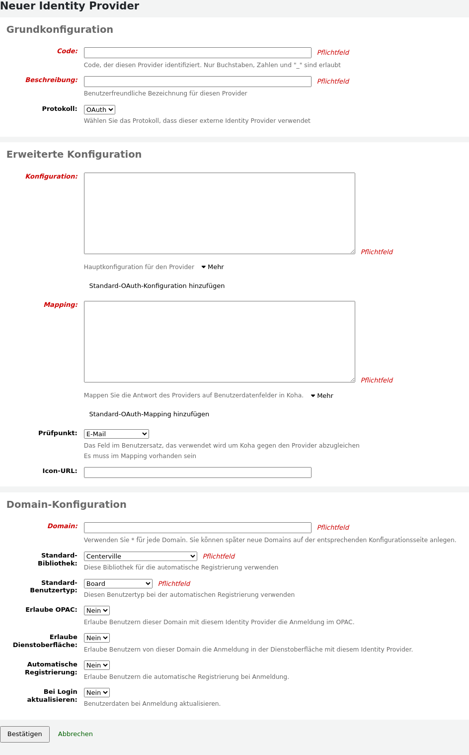 Formular für einen neuen Identity Provider