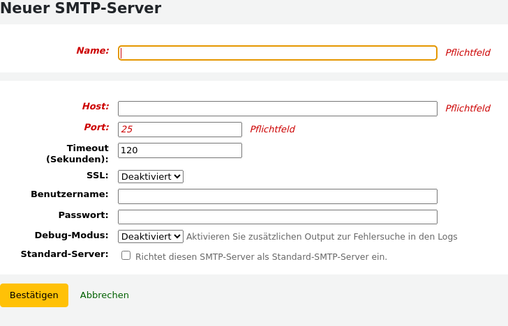 Formular für einen neuen SMTP-Server