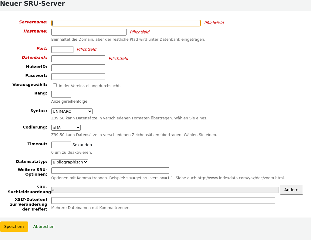 Formular für einen neuen SRU-Server