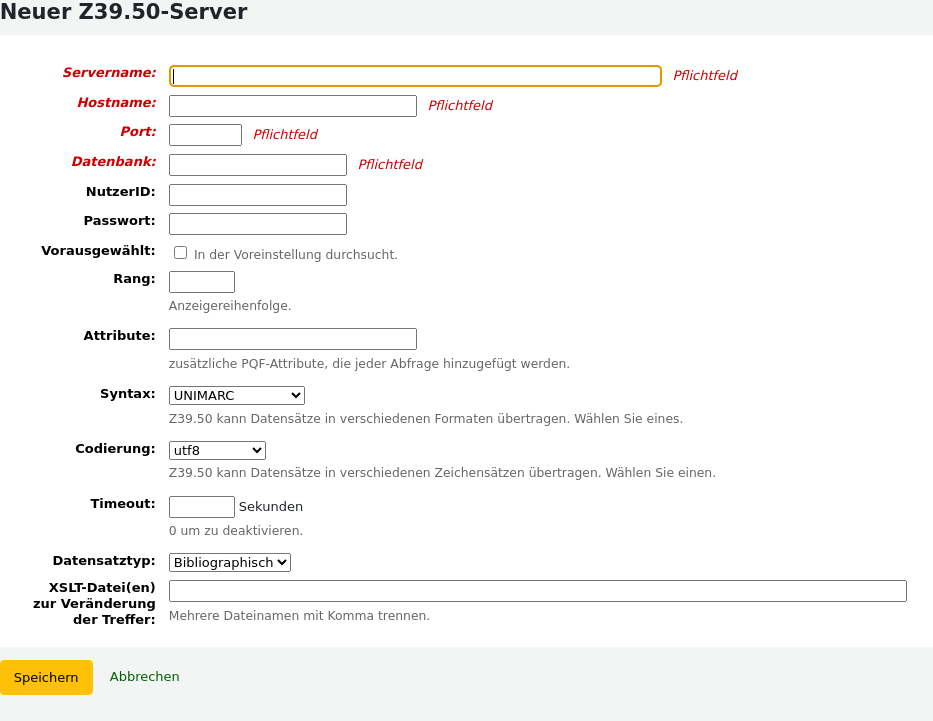 Formular für einen neuen Z39.50/SRU-Server