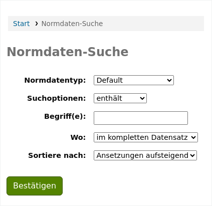 Formular für die Suche nach Normdaten im OPAC; Optionen sind Normdatentyp (standardmäßig auf Standard eingestellt), Suchoptionen (standardmäßig auf enthält eingestellt), Begriffe, wo (standardmäßig auf im vollständigen Datensatz eingestellt) und Sortierung nach (standardmäßig auf Begriff aufsteigend eingestellt)