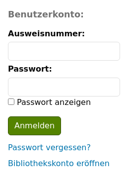 "Bibliothekskonto" auf der OPAC-Startseite. Unter der Schaltfläche "Anmelden" befindet sich der Hinweis: "Haben Sie noch kein Konto? Hier anmelden".