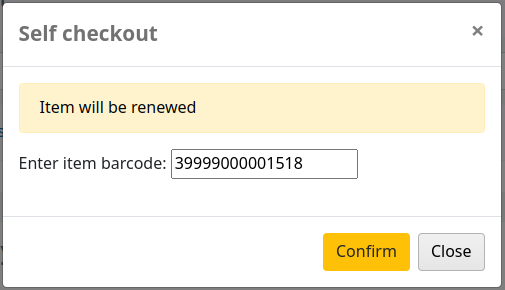 Pop-up-Fenster an der Selbstverbuchung mit der Meldung „Exemplar wird verlängert“. Schaltflächen sind „Bestätigen“ und „Schließen“.