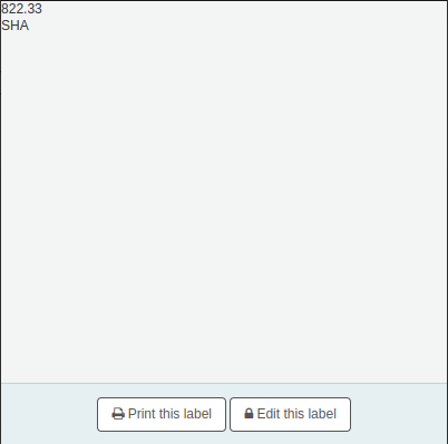 Auf der Seite für den Schnelldruck von Rücken-Etiketten, es wird die Signatur angezeigt, und am unteren Rand befinden sich die Schaltflächen „Dieses Etikett drucken“ und „Dieses Etikett bearbeiten“