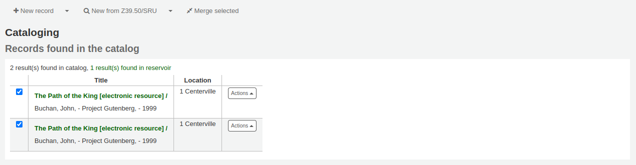 Ausgewählte Suchergebnisse in der Katalogisierungssuche