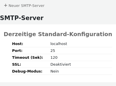 Hauptseite des Bereichs zur Konfiguration der SMTP-Server, es gibt keine Server außer dem Standardserver