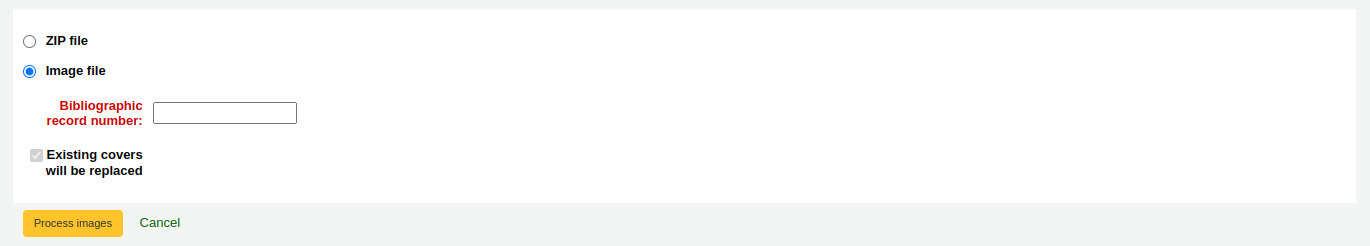 Optionen nach Auswahl der Bilddatei im Tool zum Hochladen lokaler Coverbilder: ZIP-Datei oder Bilddatei, bibliografische Datensatznummer und die Möglichkeit, vorhandene Cover zu ersetzen