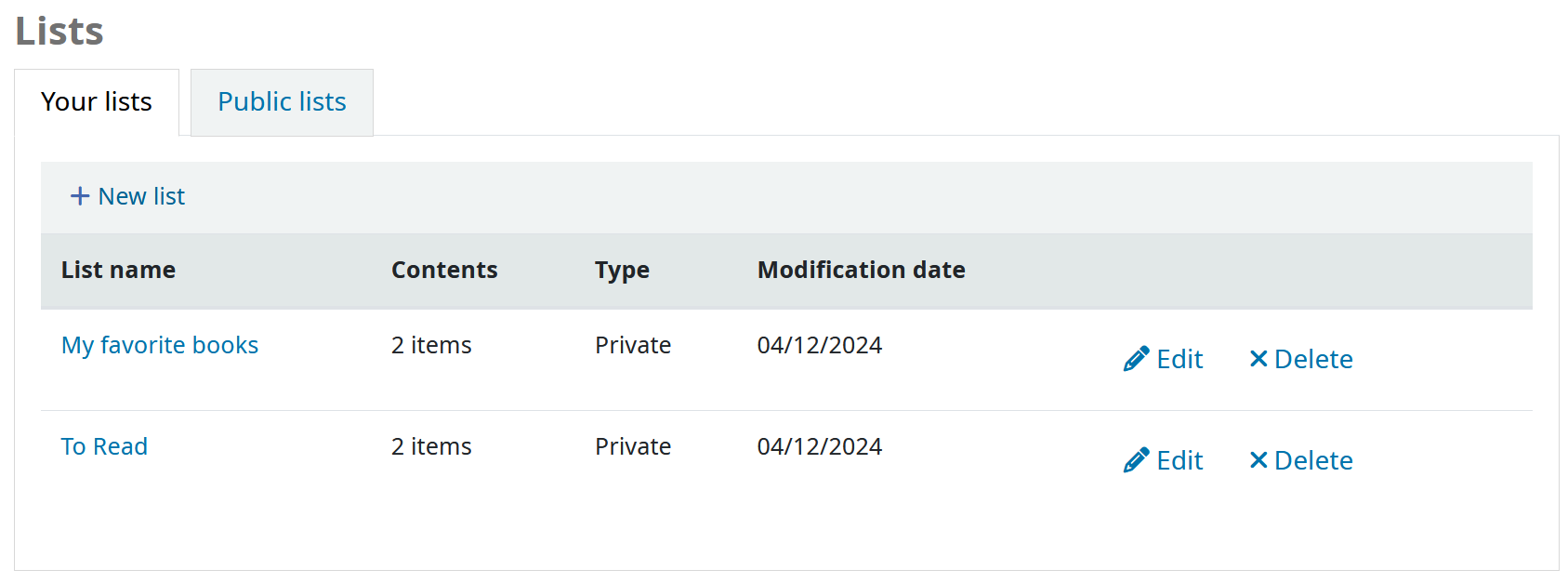 Auflistung der privaten Listen eines Benutzerkontos im OPAC