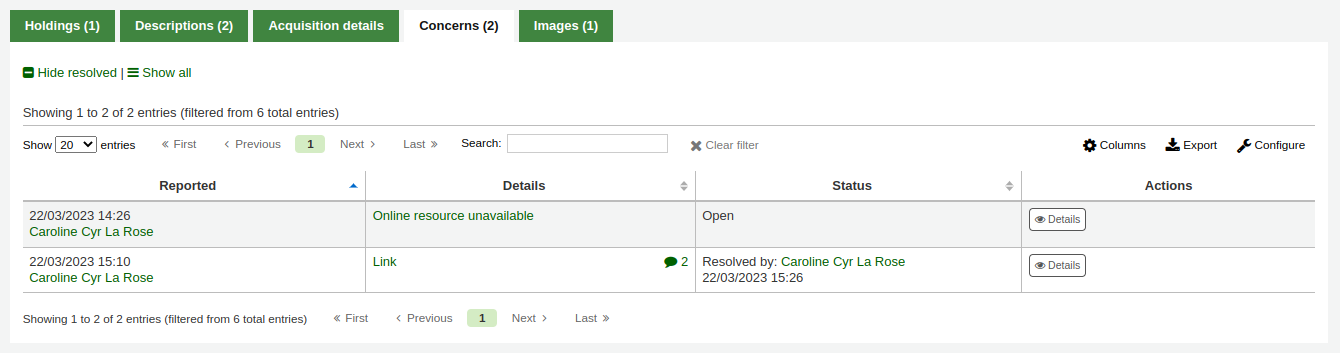 The Concerns tab of a bibliographic record in the staff interface, it contains a table with the concerns reported for this record