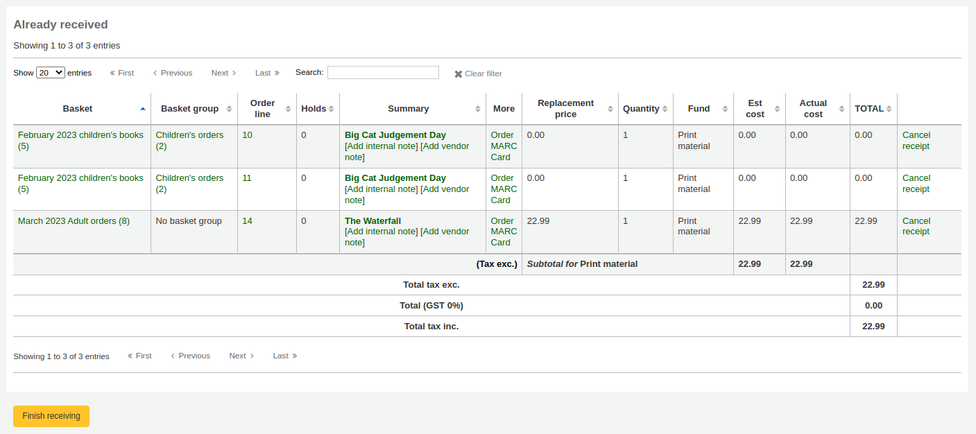 Already received table in the receiving page