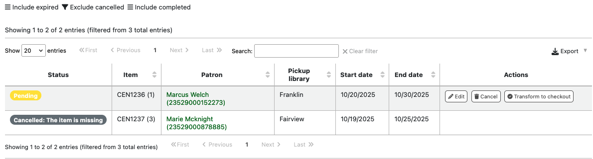 A list of bookings, with columns for Status, Item, Patron, Pickup library, Start date, End date, Actions. One of the bookings has the status 'Cancelled: The item is missing'. Above the table are action buttons to filter it further: Include expired, Exclude cancelled, Include completed.