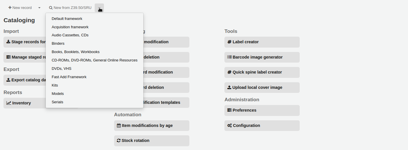 A choice of bibliographic frameworks opens when the arrow next to the 'New from Z39.50/SRU' button is clicked