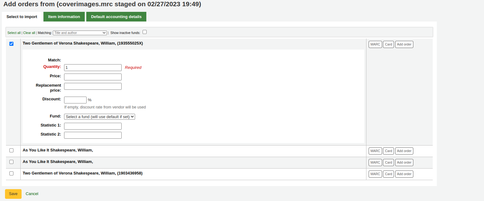 List of titles in staged file, the first title is selected and a form for entering the quantity, price, replacement price, discount, fund and statistics is underneath