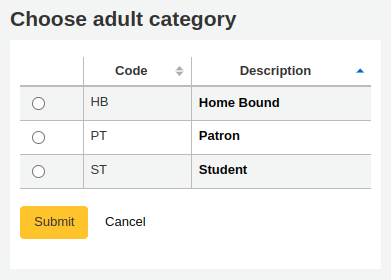 Tableau pour choisir une catégorie adulte