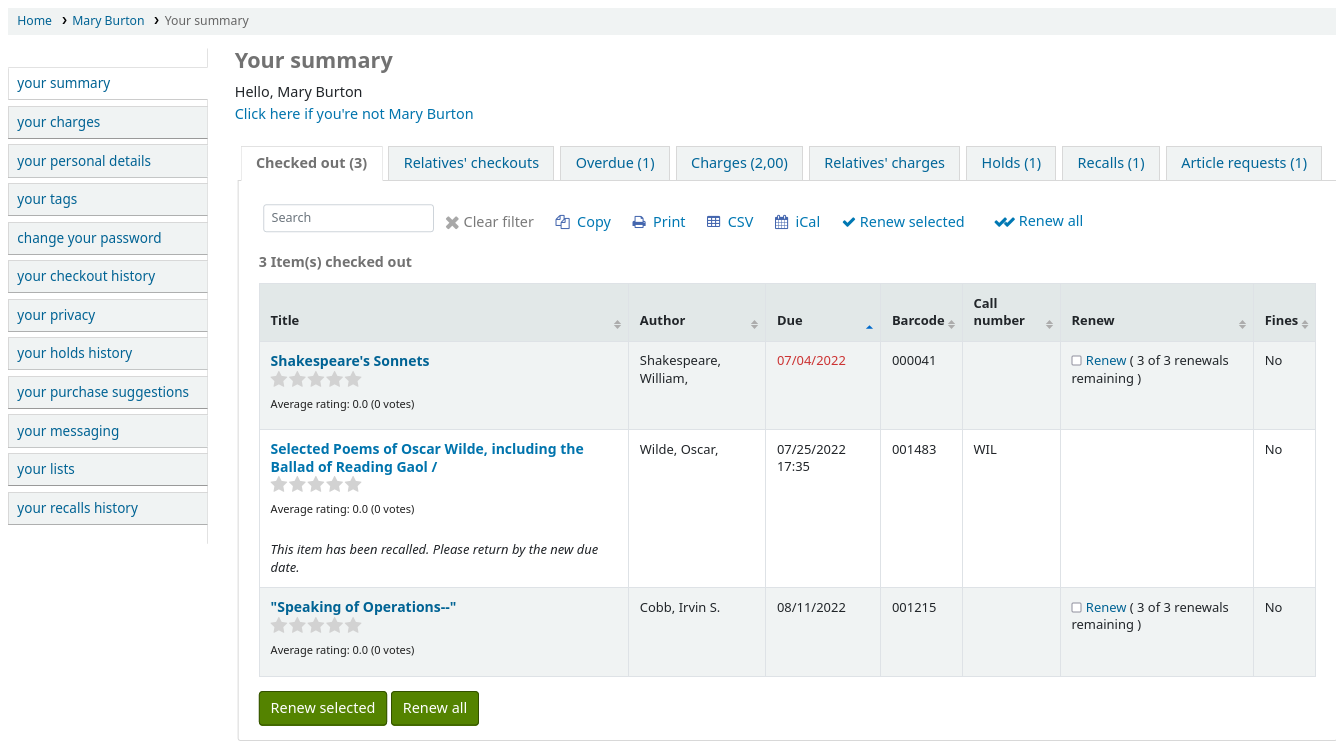 Vue du résumé du compte sur l'OPAC