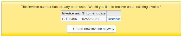 Capture d'écran d'un message d'avertissement qui dit "Ce numéro de facture a déjà été utilisé. Souhaitez-vous recevoir sur une facture existante ?" avec une option pour recevoir sur la facture existante ou "Créer une nouvelle facture de toute façon".