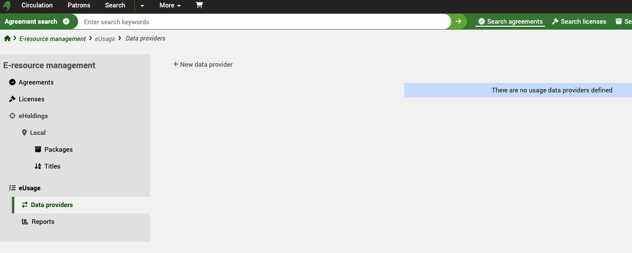 The Data providers page in the eUsage section, with the following message showing: 'There are no usage data providers defined.'