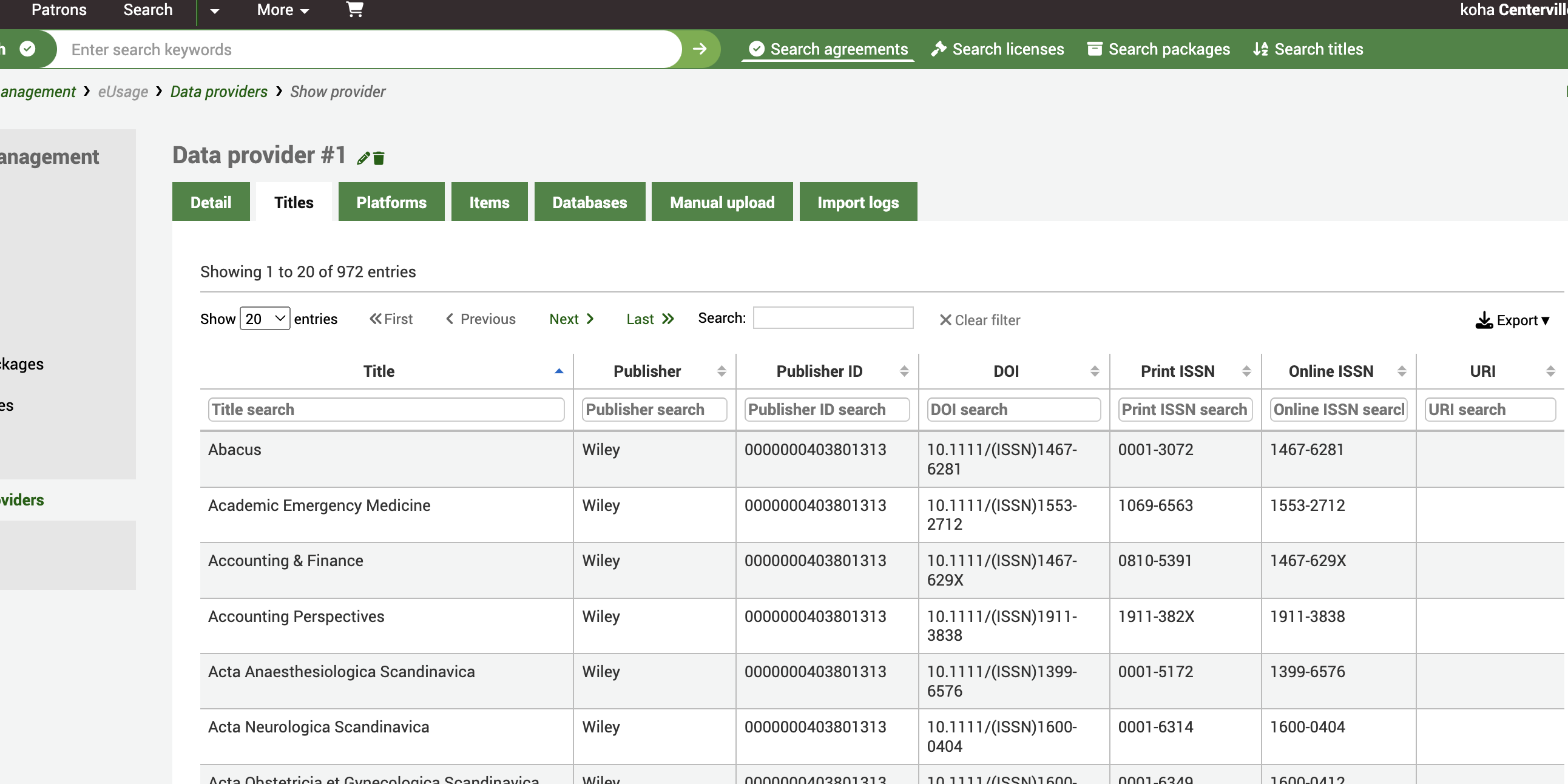 View of a data provider Titles tab. In the table of titles, there is information such as publisher, DOI, print and online ISSN, URI.