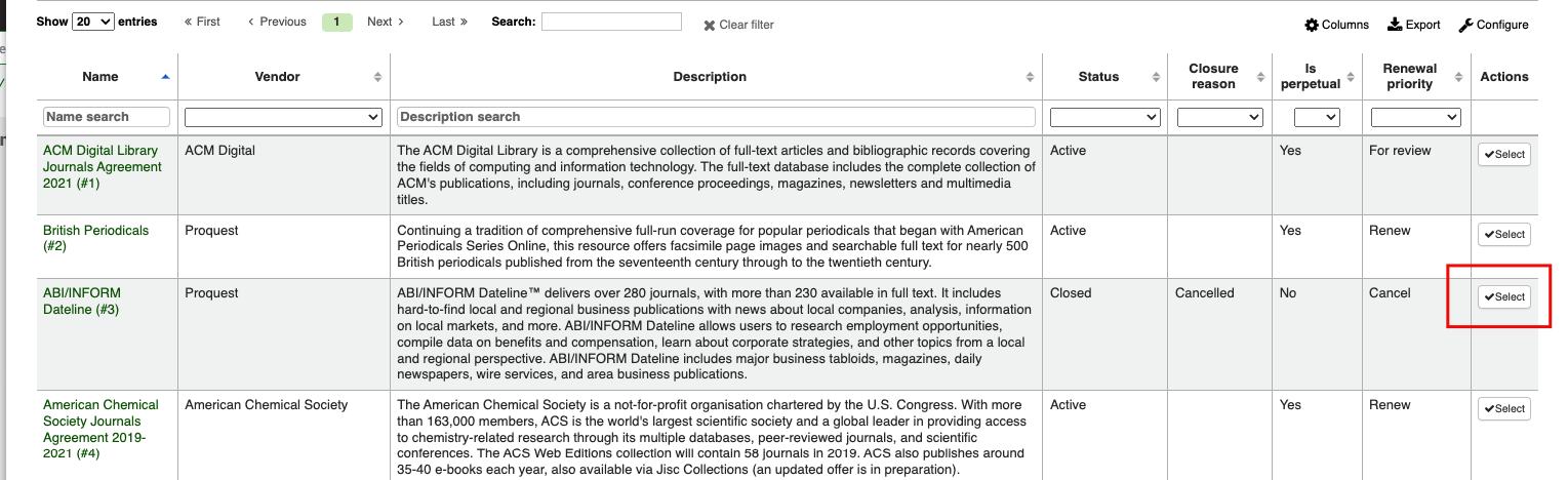 List of agreements; the Select button on the right-hand side is highlighted.