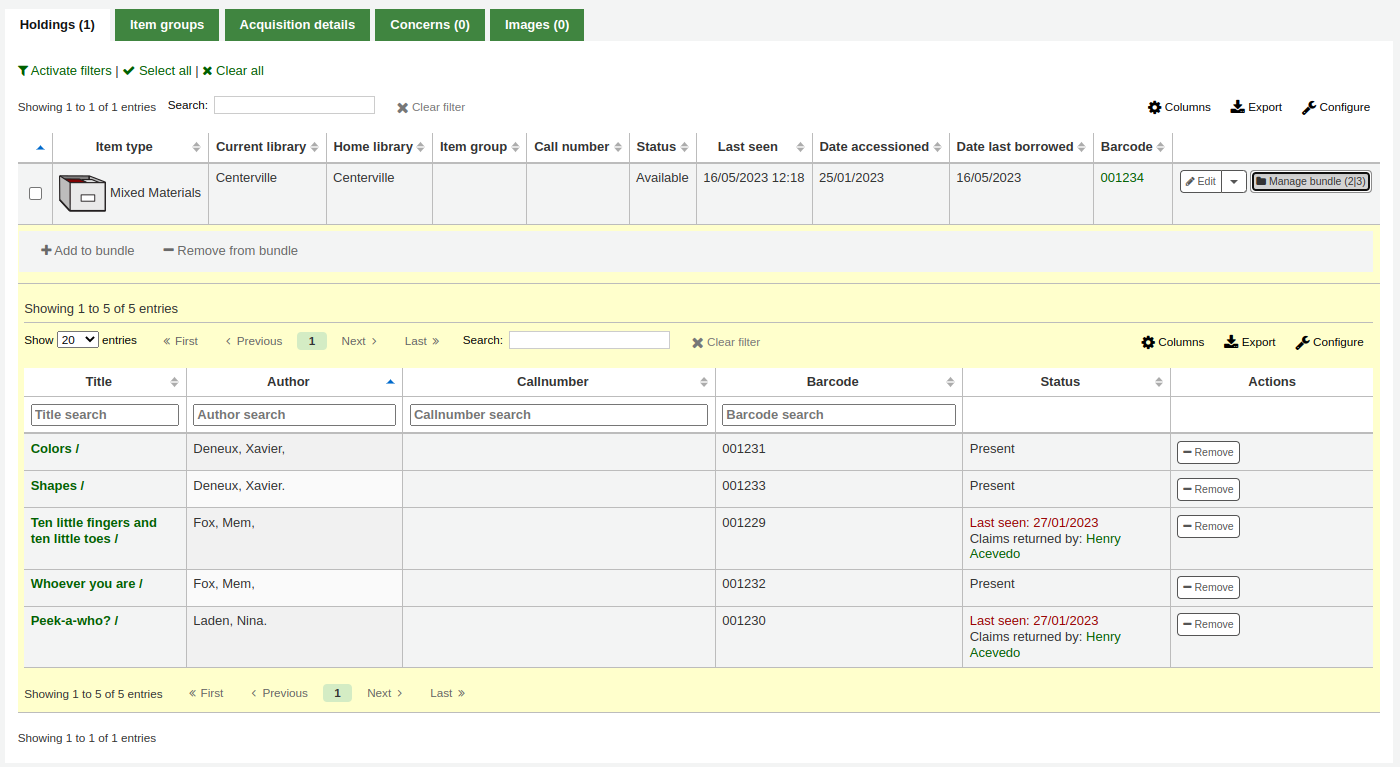 A section to manage the bundle is open under the bundle item, showing the attached items, a column status indicates 'Present' for all items except two, which have 'Last seen' with a date and 'Claims returned by' with the name of the last borrower