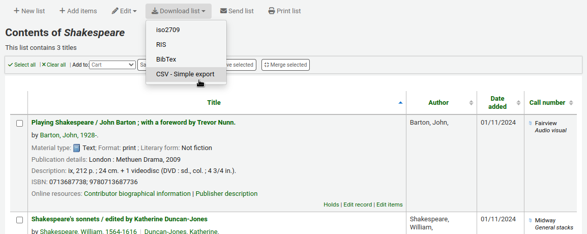 View of a list called 'Shakespeare' with the 'Download list' button open and "CSV - Simple export" is selected, other options are iso2709, RIS, and BibTex.