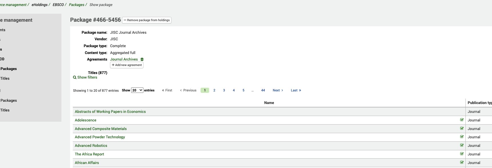 Full view of a package, showing its name, vendor, package type, content type, which agreement it is part of and a list of titles.