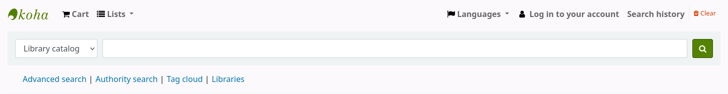 Library catalog search box at the top of the page in the OPAC; the links under the search bar are Advanced search, Authority search, Tag cloud, and Libraries. Also visible is the Koha logo at the top left, the cart and lists menus, the language switch, and the login and search history links