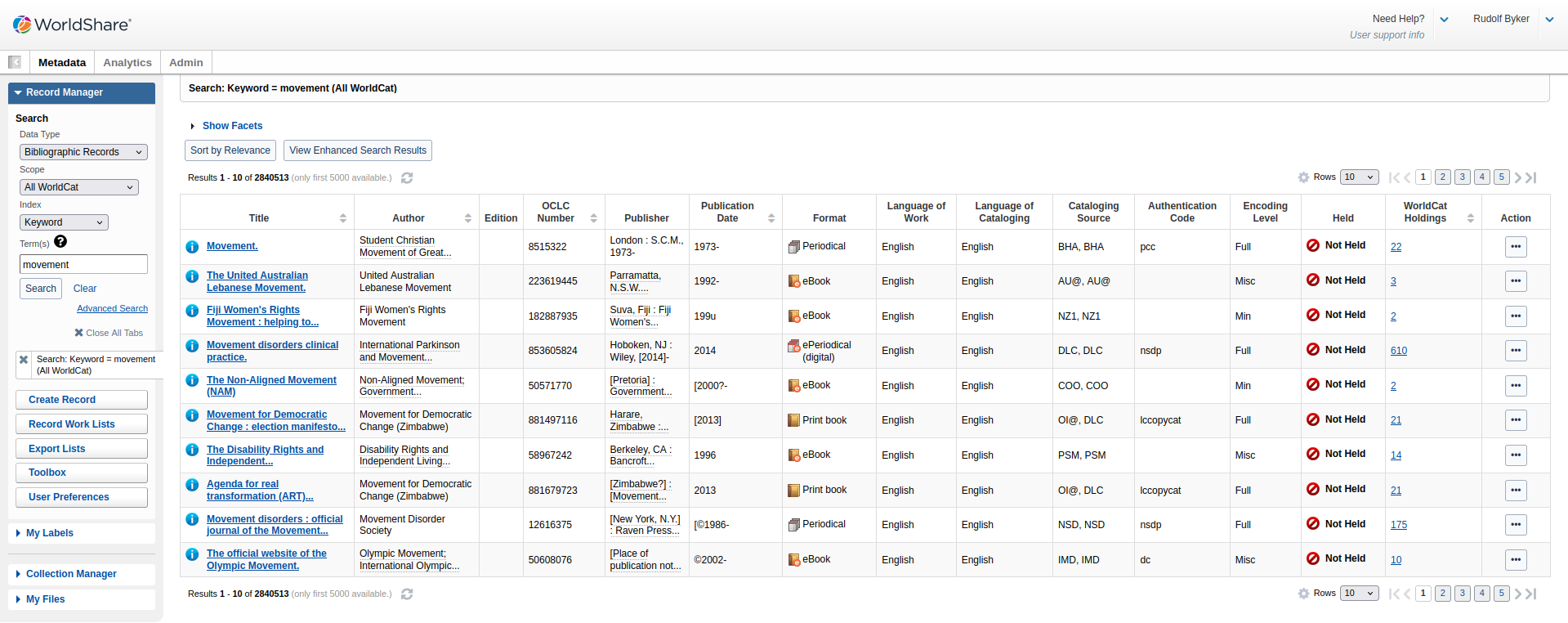 Screenshot of search results in the WorldShare web interface.