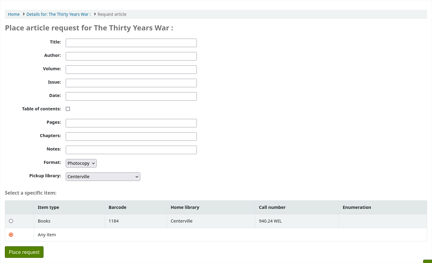 Article request form in the OPAC